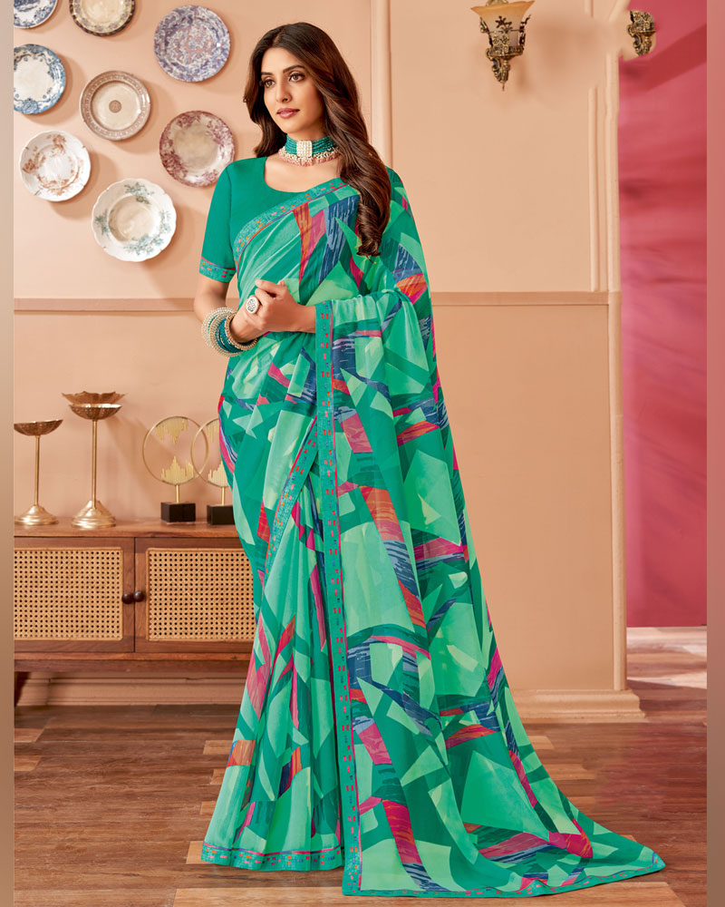 Vishal Prints Pine Green Printed Georgette Saree With Fancy Border