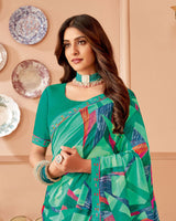 Vishal Prints Pine Green Printed Georgette Saree With Fancy Border