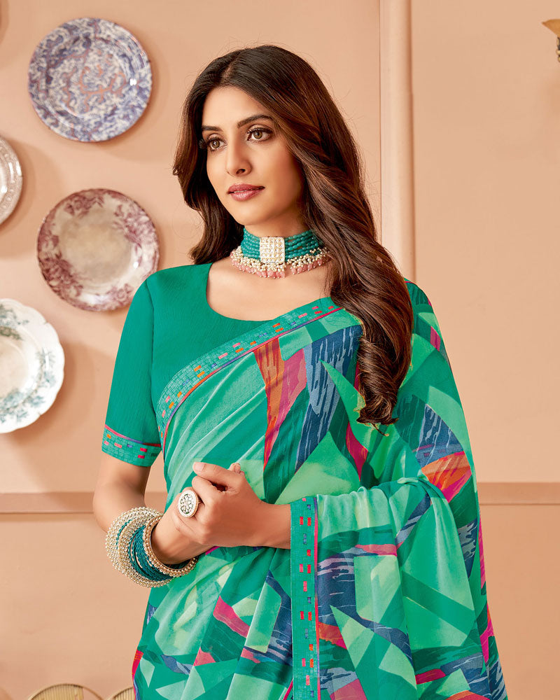 Vishal Prints Pine Green Printed Georgette Saree With Fancy Border