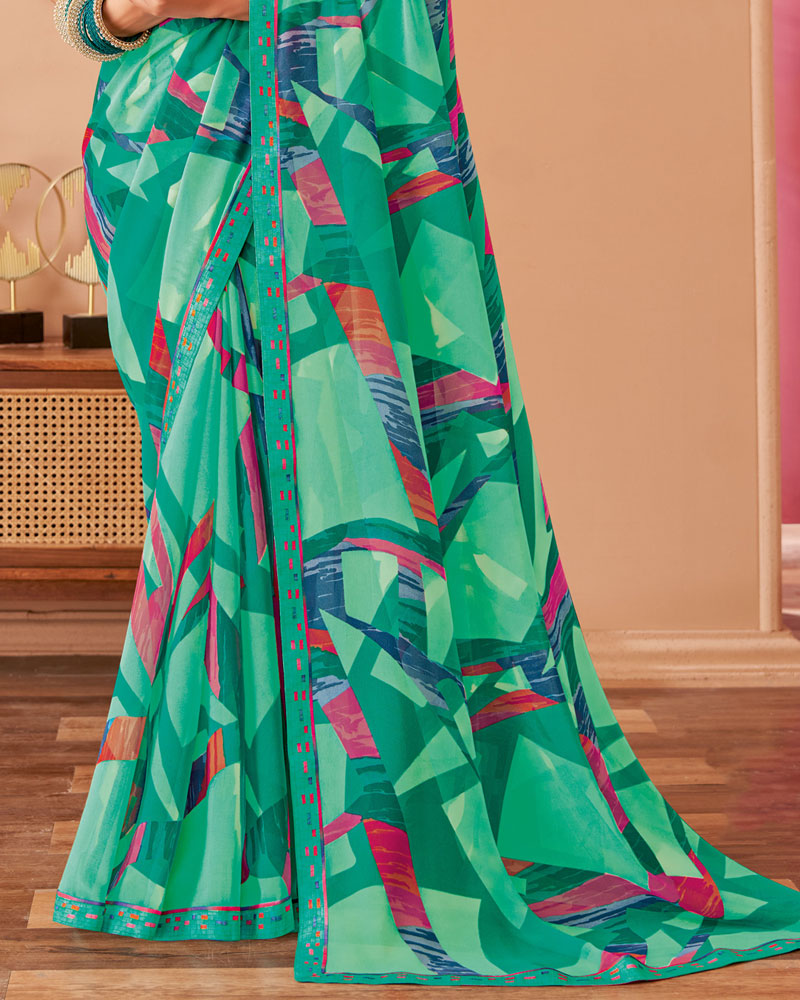 Vishal Prints Pine Green Printed Georgette Saree With Fancy Border