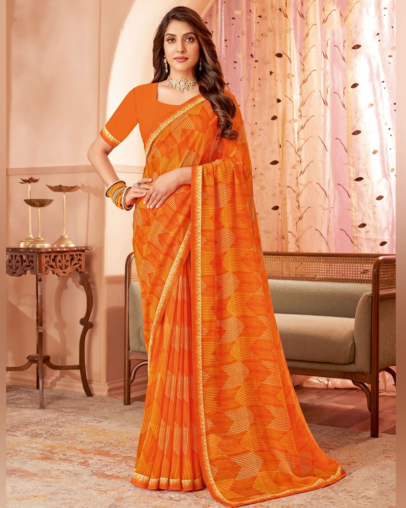Vishal Prints Lava Orange Printed Georgette Saree With Fancy Border
