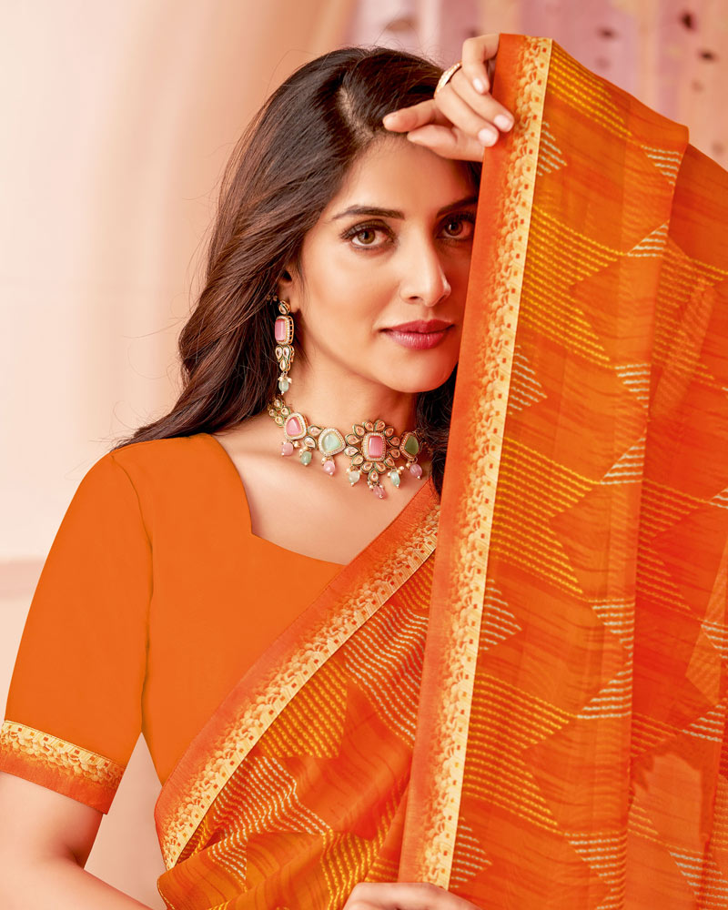 Vishal Prints Lava Orange Printed Georgette Saree With Fancy Border