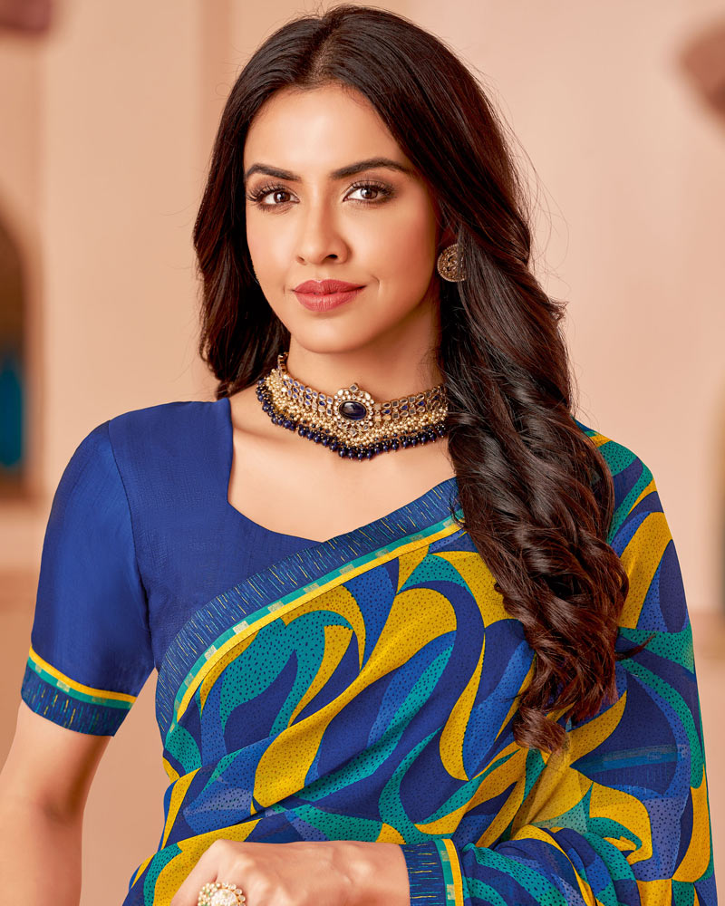 Vishal Prints Royal Blue Printed Georgette Saree With Fancy Border