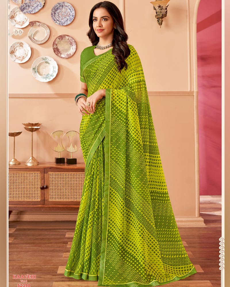 Vishal Prints Olive Green Printed Georgette Saree With Fancy Border