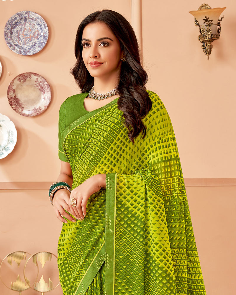 Vishal Prints Olive Green Printed Georgette Saree With Fancy Border
