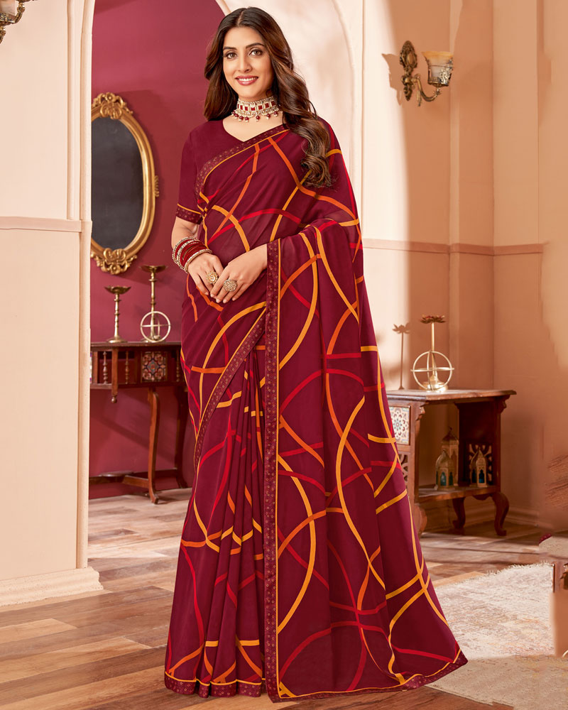 Vishal Prints Burgundy Printed Georgette Saree With Fancy Border