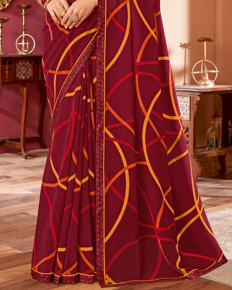 Vishal Prints Burgundy Printed Georgette Saree With Fancy Border
