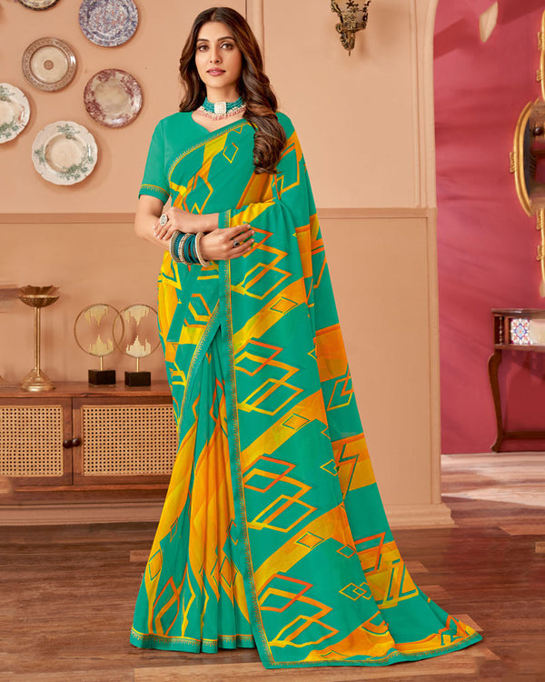 Vishal Prints Teal Green Printed Georgette Saree With Fancy Border