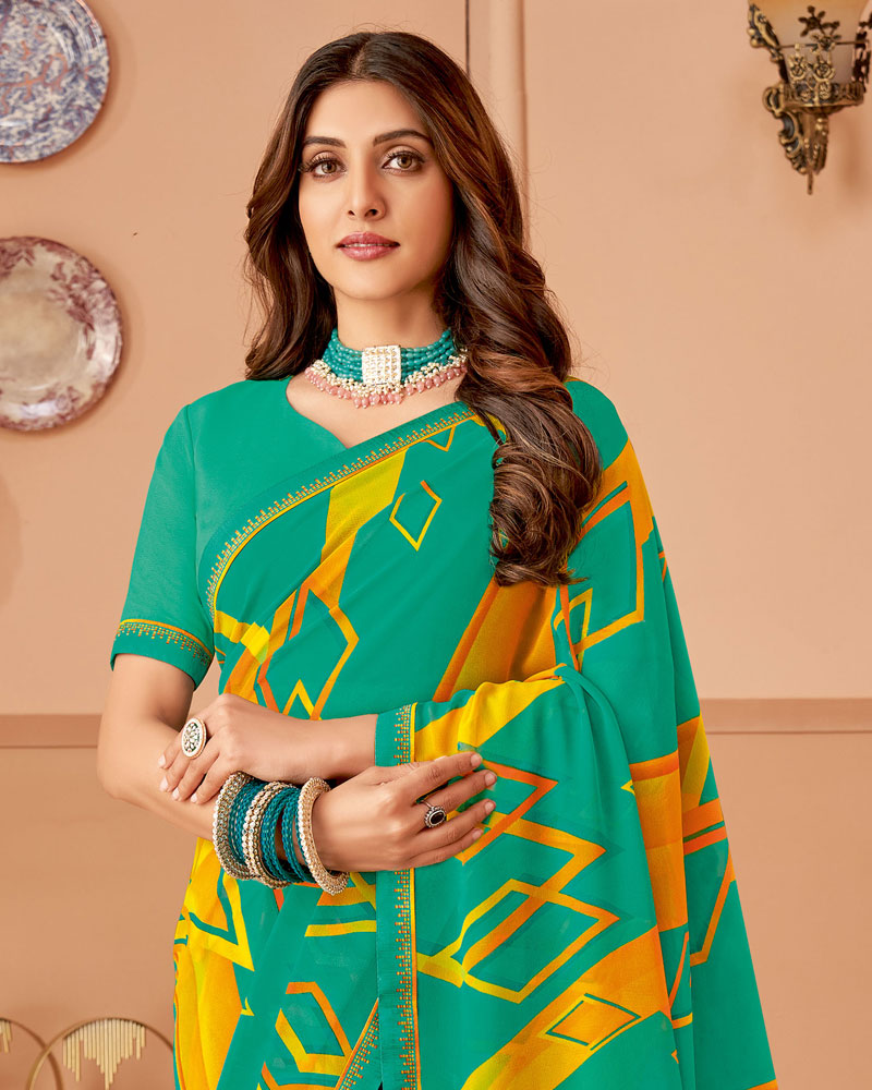 Vishal Prints Teal Green Printed Georgette Saree With Fancy Border