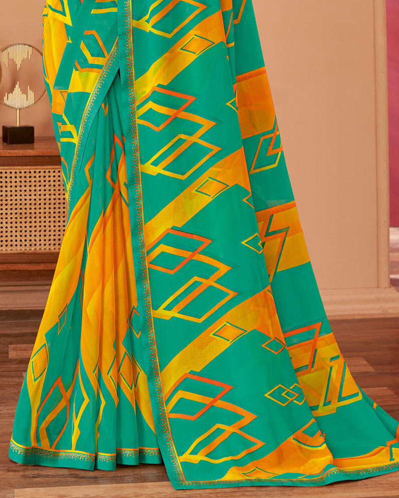Vishal Prints Teal Green Printed Georgette Saree With Fancy Border