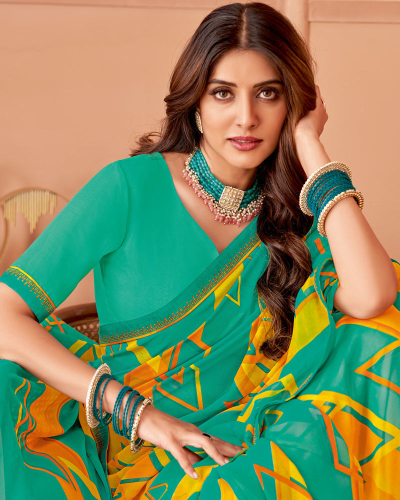 Vishal Prints Teal Green Printed Georgette Saree With Fancy Border