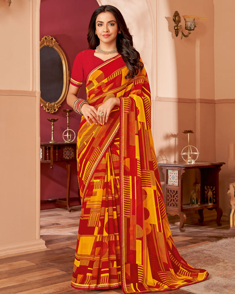 Vishal Prints Dark Red Printed Georgette Saree With Fancy Border