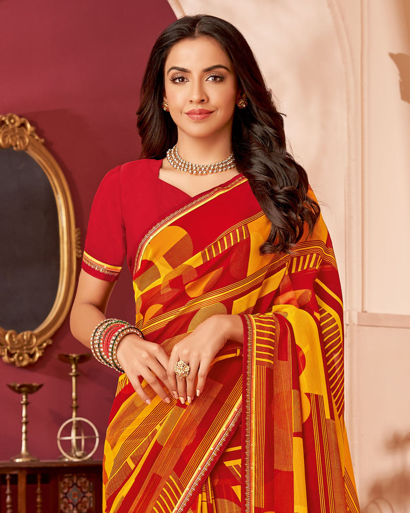 Vishal Prints Dark Red Printed Georgette Saree With Fancy Border