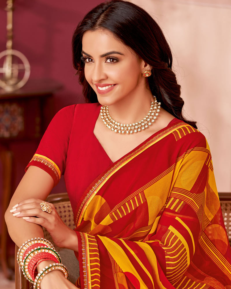 Vishal Prints Dark Red Printed Georgette Saree With Fancy Border