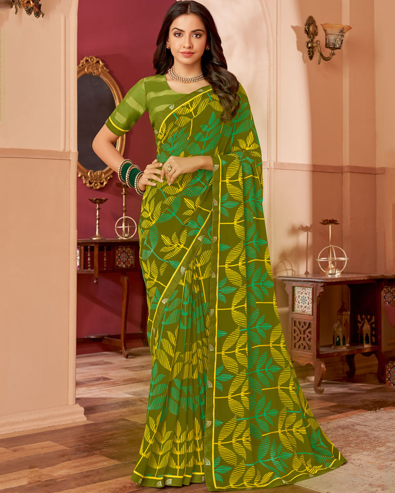 Vishal Prints Mehandi Green Printed Patterned Chiffon Saree With Fancy Border