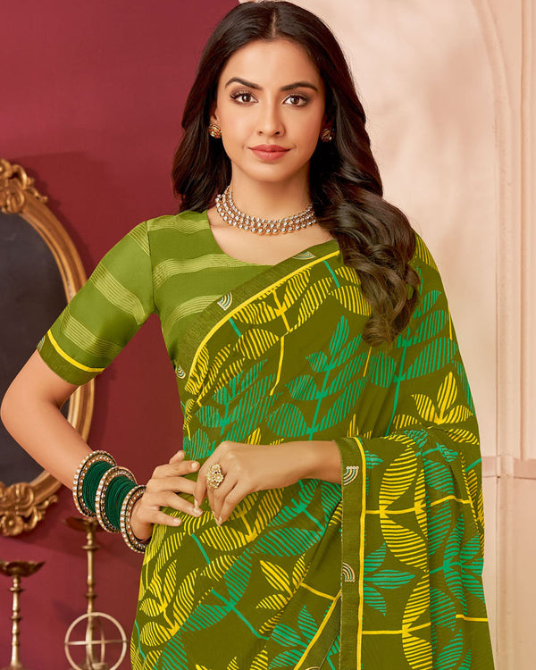 Vishal Prints Mehandi Green Printed Patterned Chiffon Saree With Fancy Border