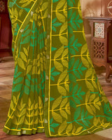 Vishal Prints Mehandi Green Printed Patterned Chiffon Saree With Fancy Border