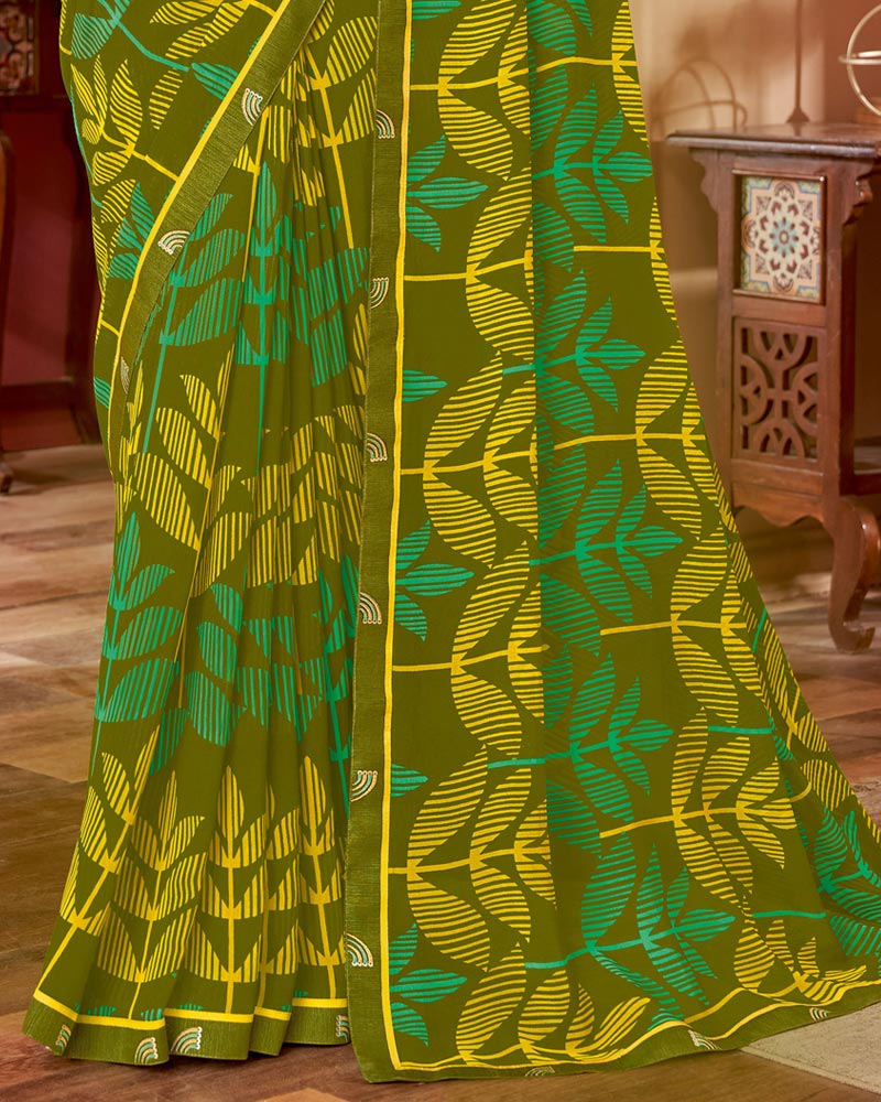 Vishal Prints Mehandi Green Printed Patterned Chiffon Saree With Fancy Border