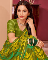 Vishal Prints Mehandi Green Printed Patterned Chiffon Saree With Fancy Border