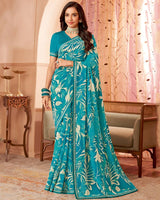 Vishal Prints Ocean Blue Printed Georgette Saree With Fancy Border