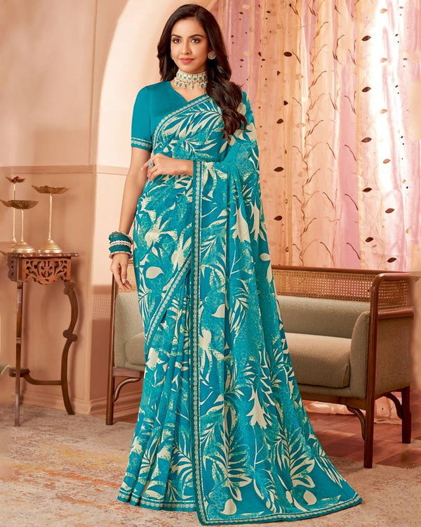 Vishal Prints Ocean Blue Printed Georgette Saree With Fancy Border