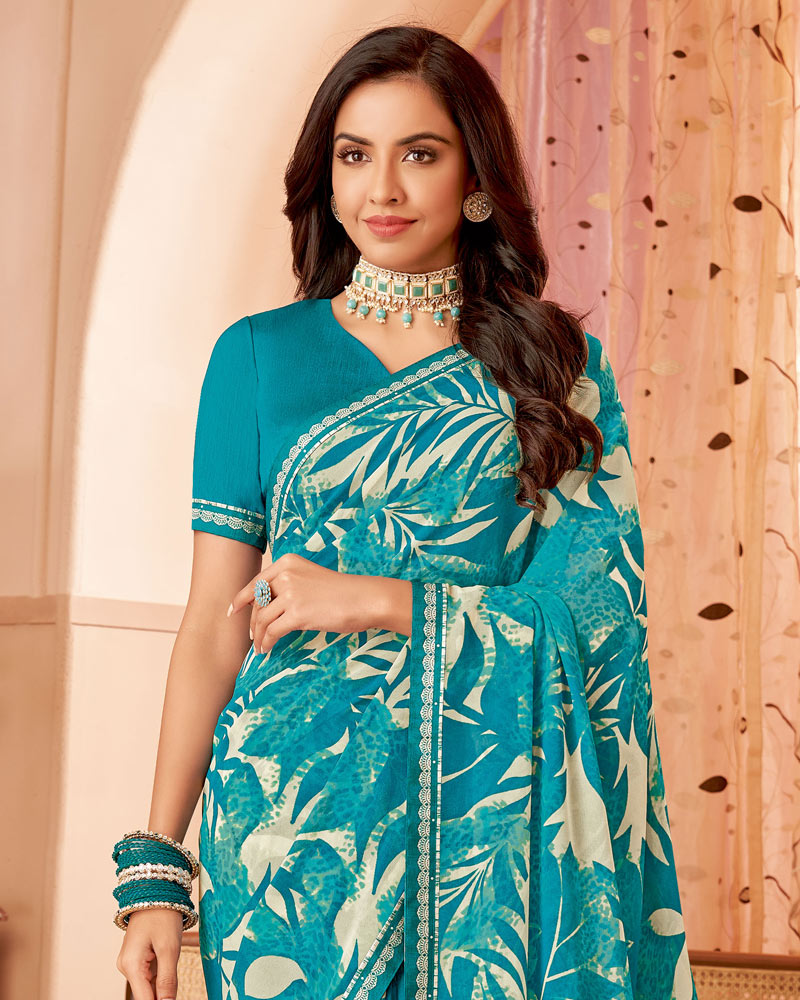 Vishal Prints Ocean Blue Printed Georgette Saree With Fancy Border