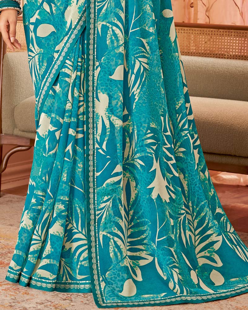 Vishal Prints Ocean Blue Printed Georgette Saree With Fancy Border