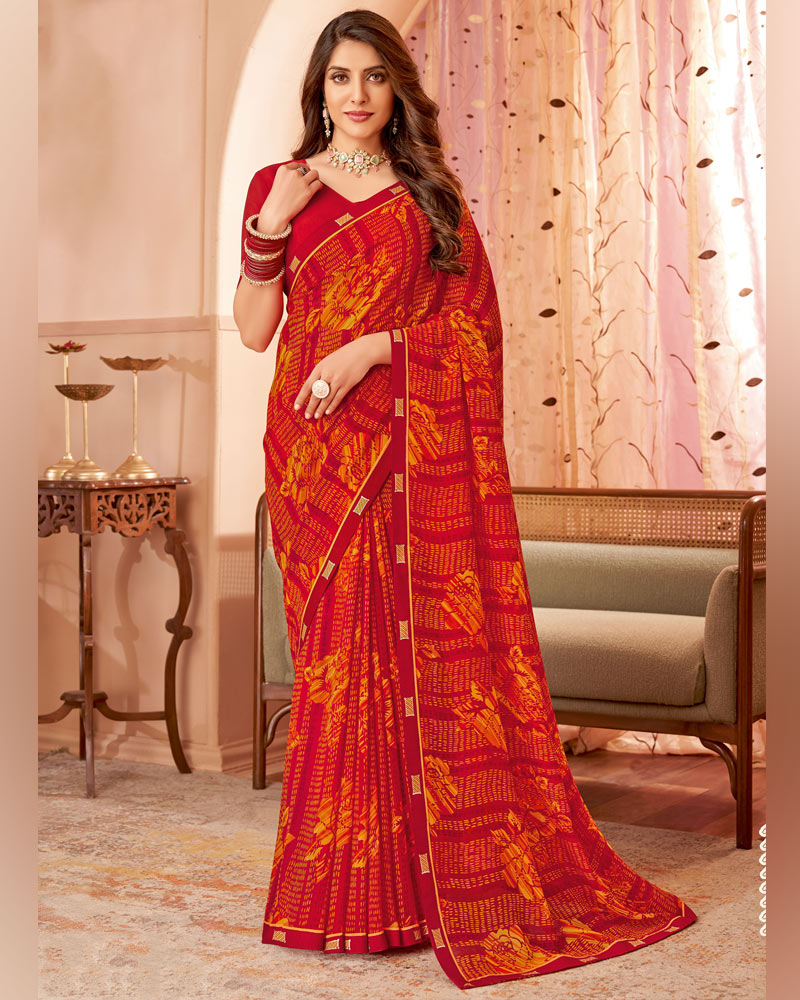 Vishal Prints Lava Red Printed Georgette Saree With Fancy Border
