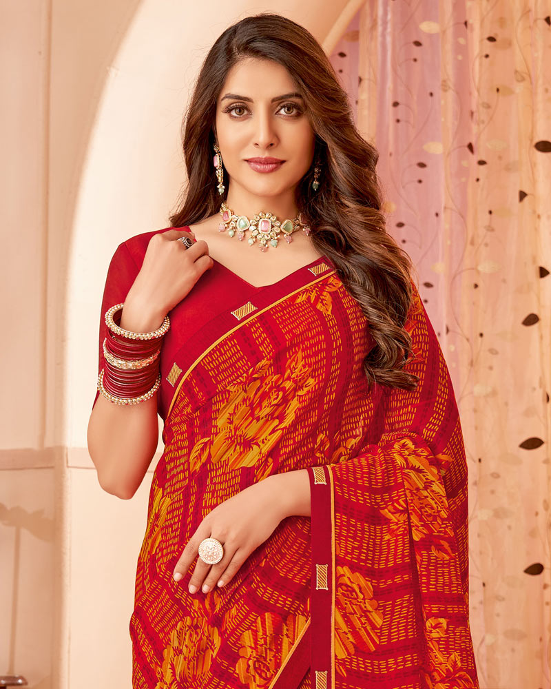 Vishal Prints Lava Red Printed Georgette Saree With Fancy Border