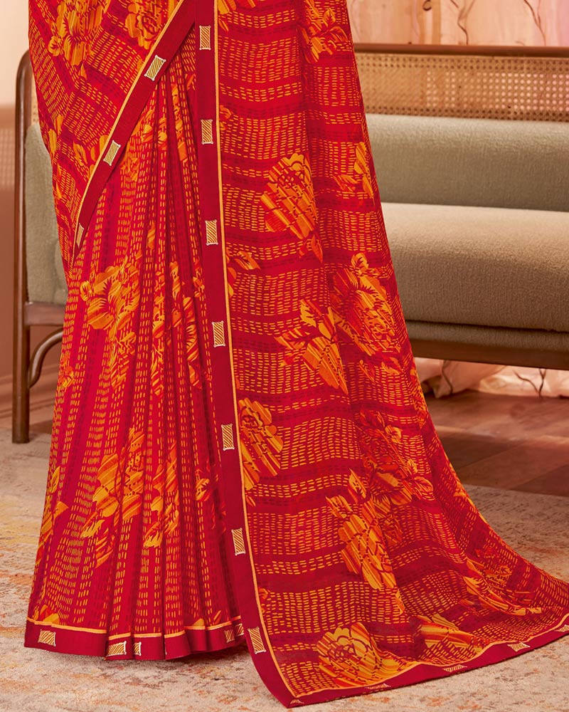 Vishal Prints Lava Red Printed Georgette Saree With Fancy Border