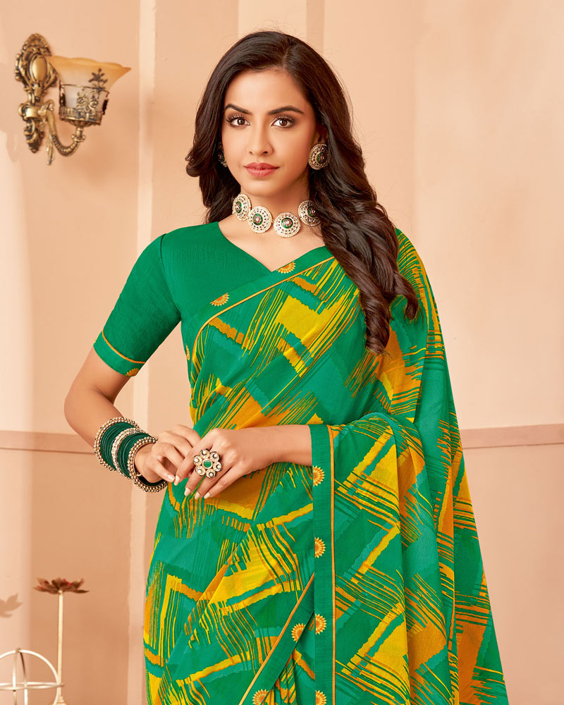 Vishal Prints Tropical Green Printed Georgette Saree With Fancy Border