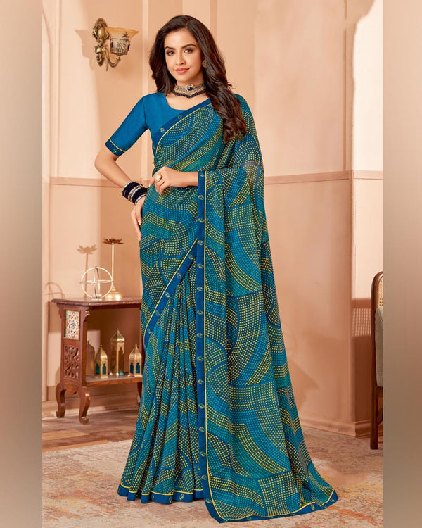Vishal Prints Dark Midnight Blue Printed Georgette Saree With Fancy Border