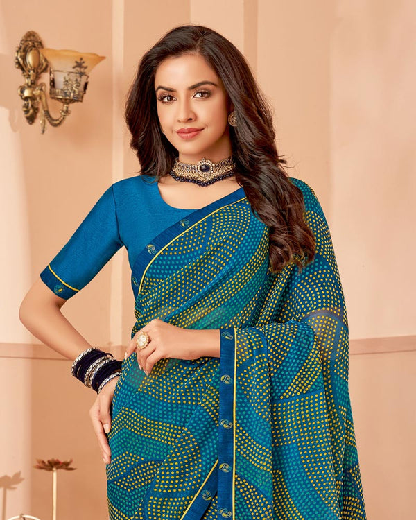 Vishal Prints Dark Midnight Blue Printed Georgette Saree With Fancy Border