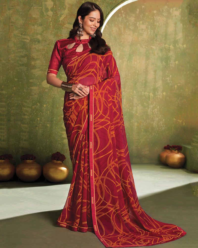 Vishal Prints Vivid Burgundy Printed Georgette Saree With Fancy Border