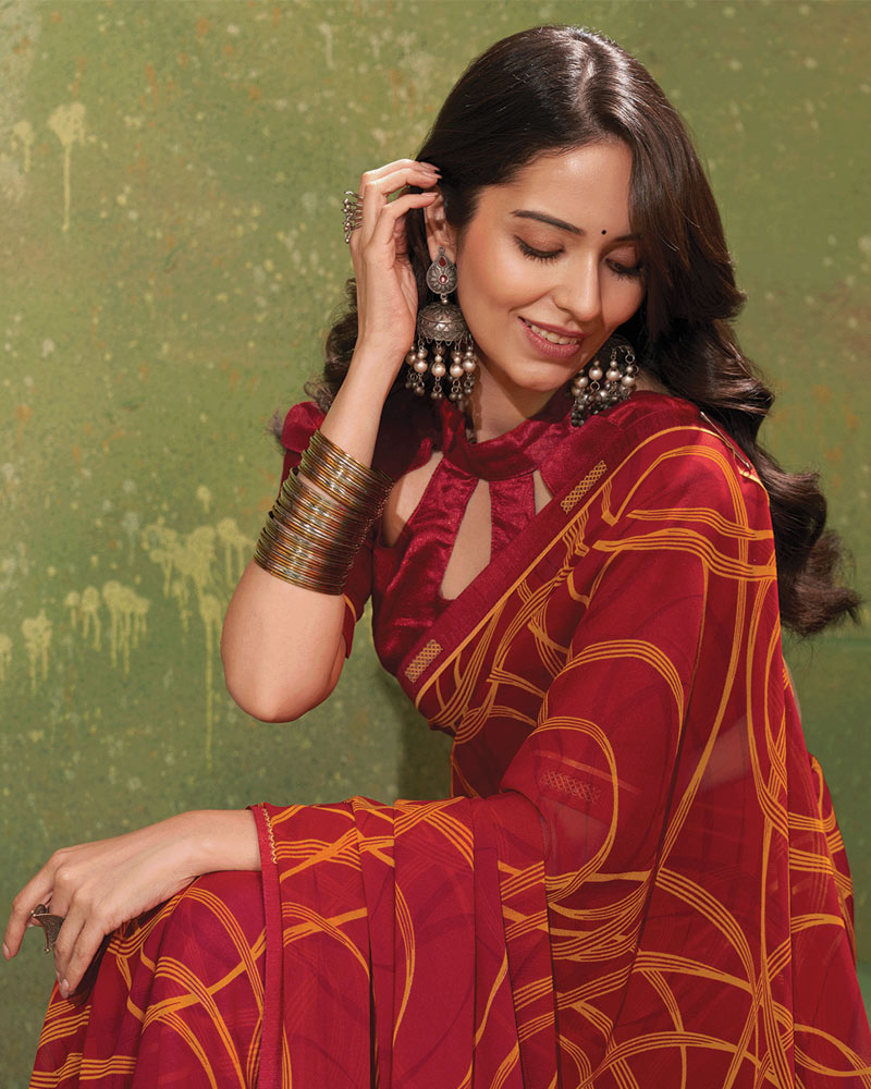 Vishal Prints Vivid Burgundy Printed Georgette Saree With Fancy Border