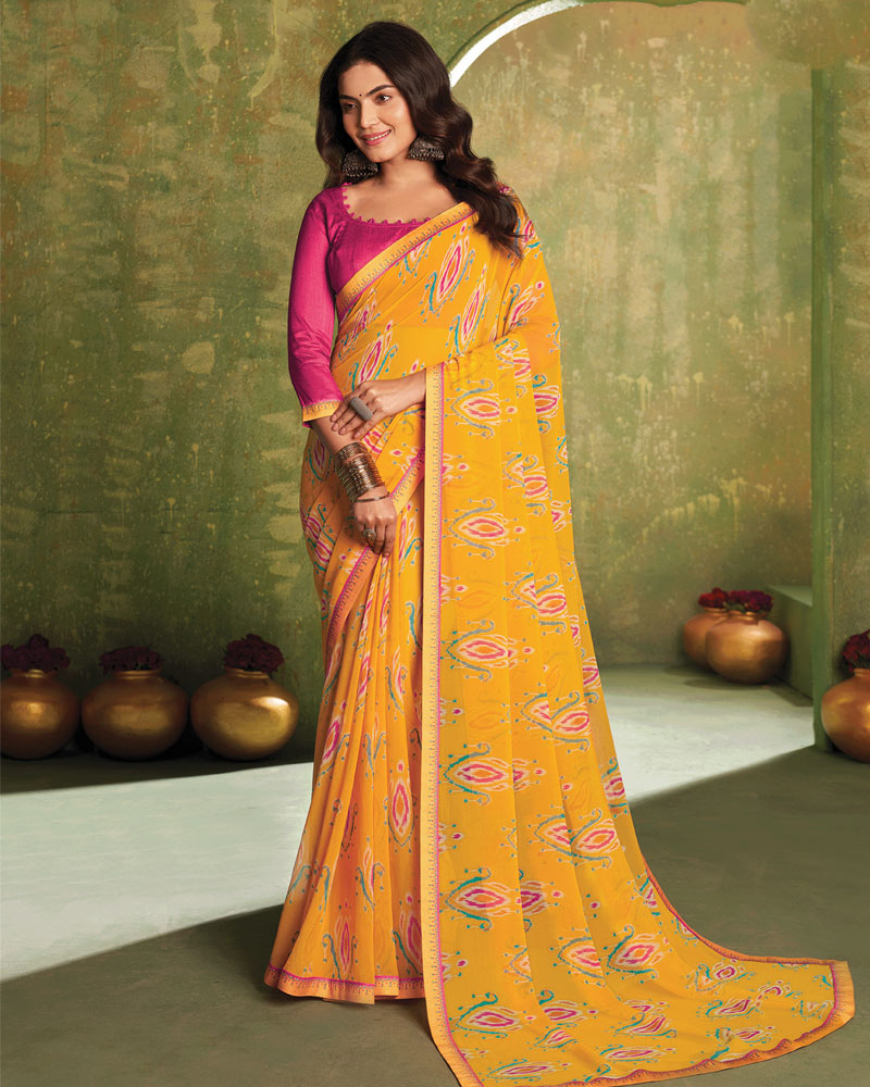 Vishal Prints Yellowish Orange Printed Georgette Saree With Fancy Border