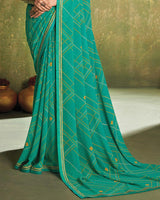 Vishal Prints Teal Green Printed Georgette Saree With Fancy Border