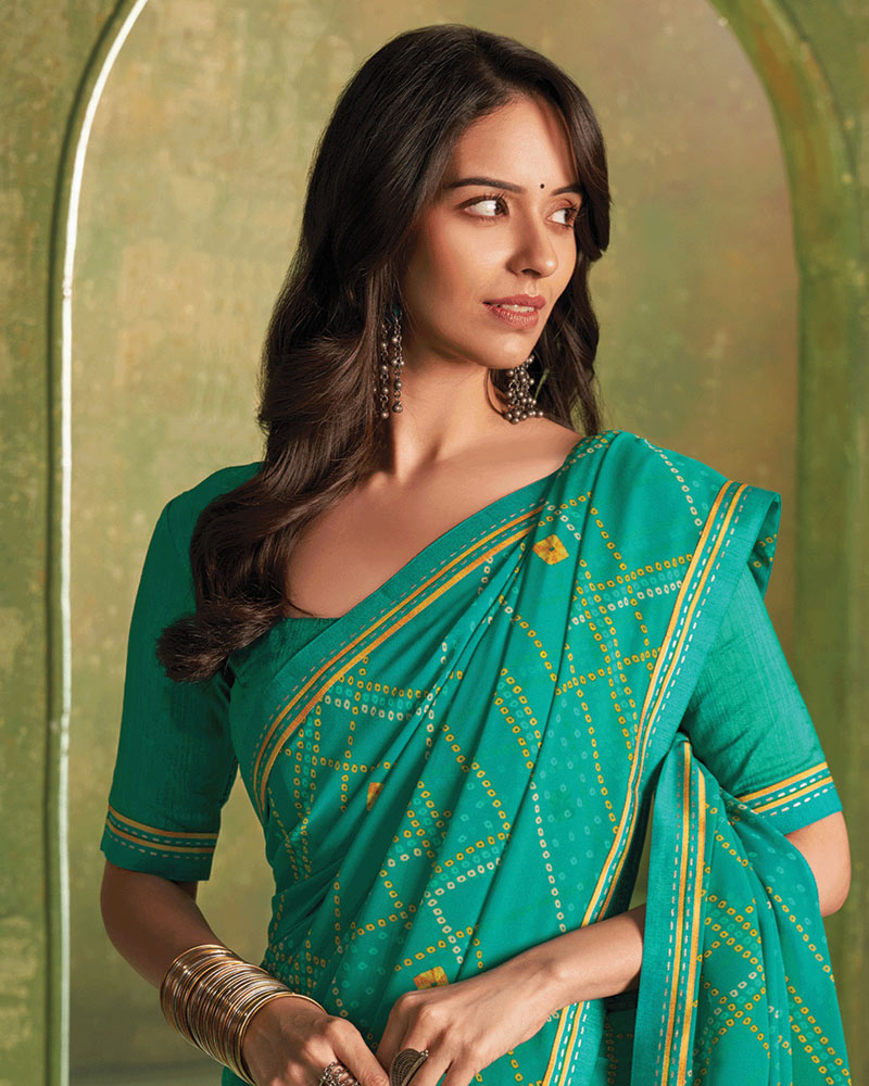 Vishal Prints Teal Green Printed Georgette Saree With Fancy Border