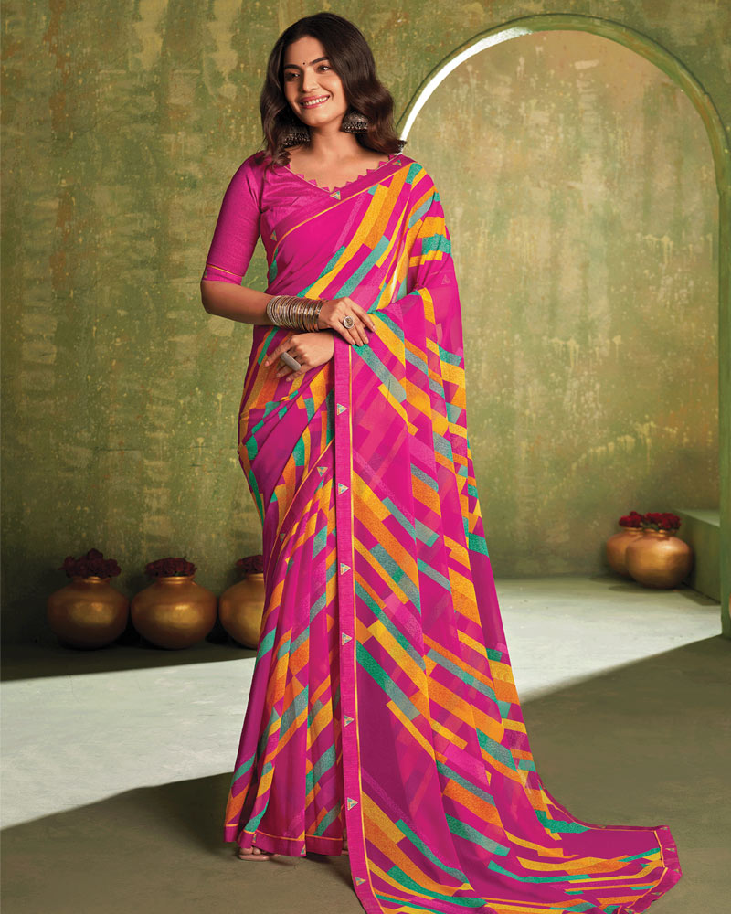Vishal Prints Dark Carnation Pink Printed Georgette Saree With Fancy Border
