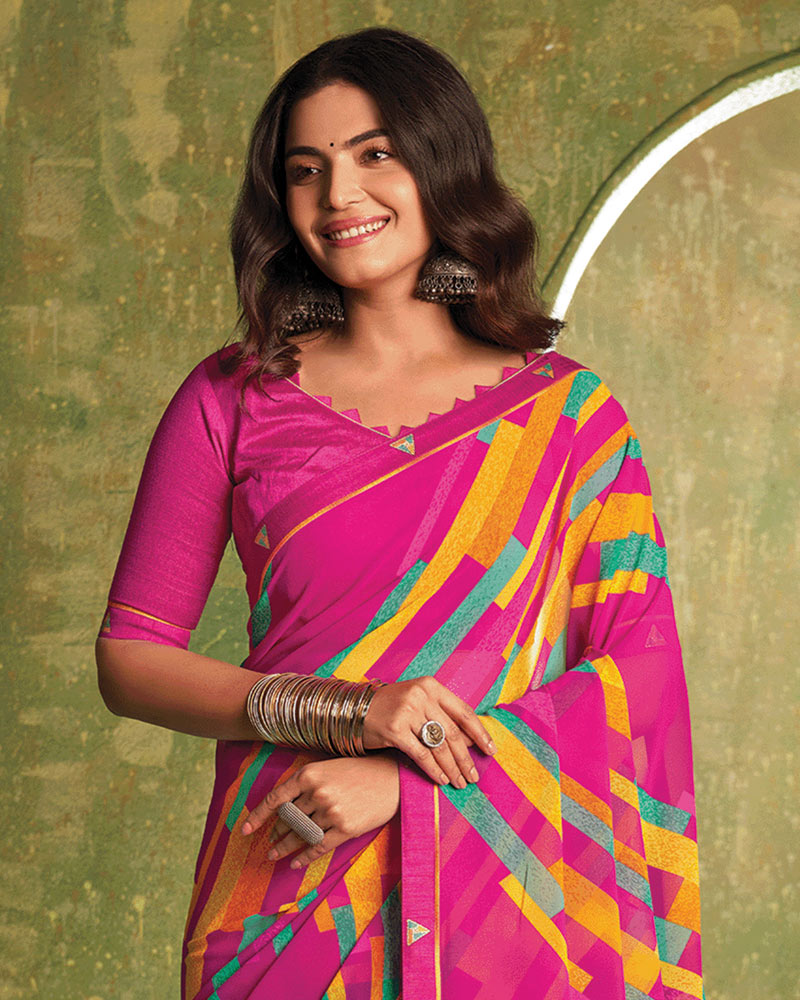 Vishal Prints Dark Carnation Pink Printed Georgette Saree With Fancy Border
