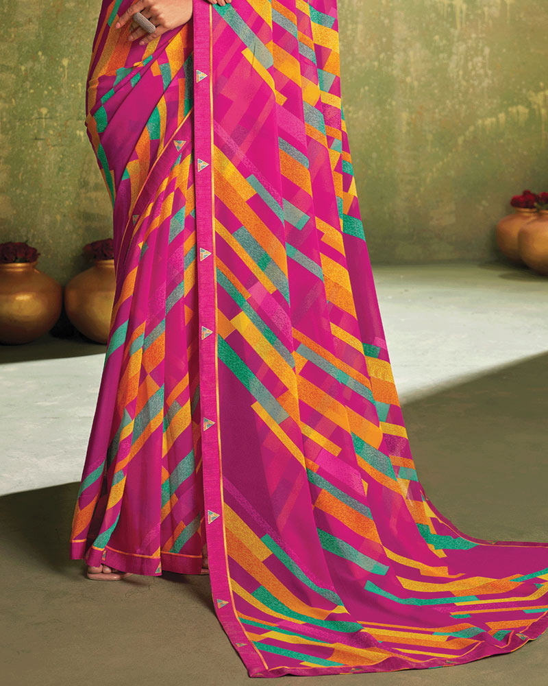 Vishal Prints Dark Carnation Pink Printed Georgette Saree With Fancy Border