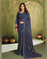 Vishal Prints Cobalt Blue Printed Georgette Saree With Fancy Border