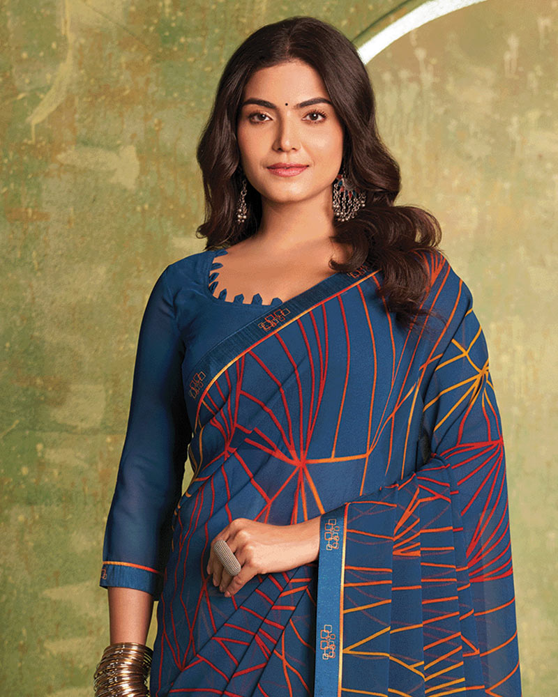 Vishal Prints Cobalt Blue Printed Georgette Saree With Fancy Border