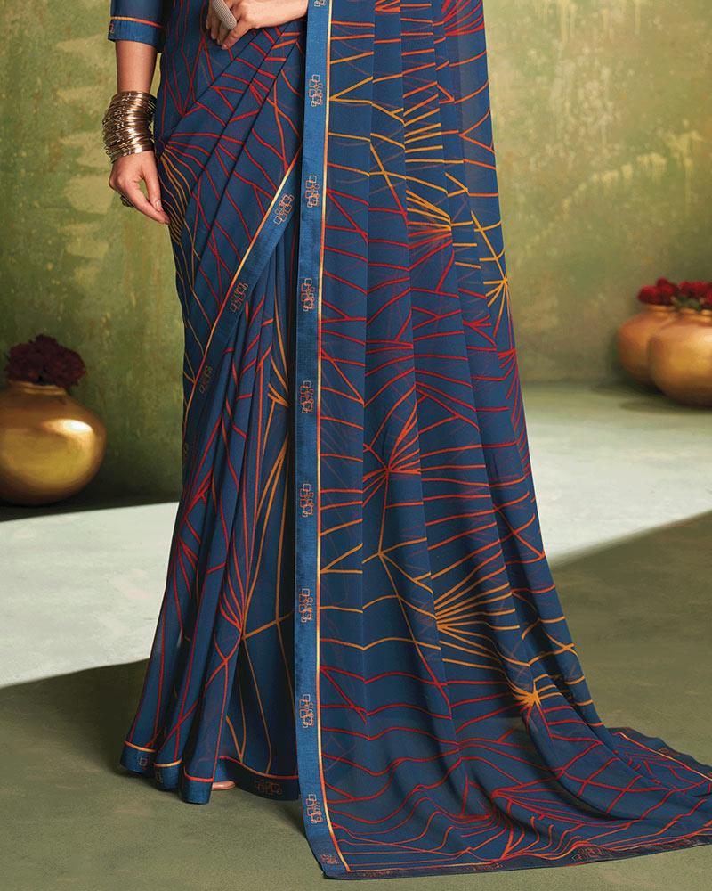 Vishal Prints Cobalt Blue Printed Georgette Saree With Fancy Border