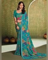 Vishal Prints Persian Green Printed Georgette Saree With Fancy Border