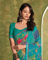 Vishal Prints Persian Green Printed Georgette Saree With Fancy Border