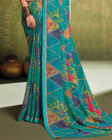 Vishal Prints Persian Green Printed Georgette Saree With Fancy Border