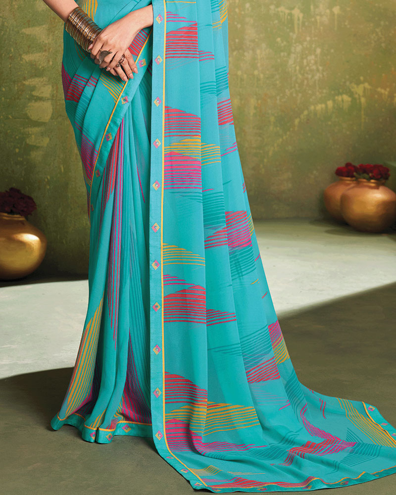 Vishal Prints Fountain Blue Printed Georgette Saree With Fancy Border