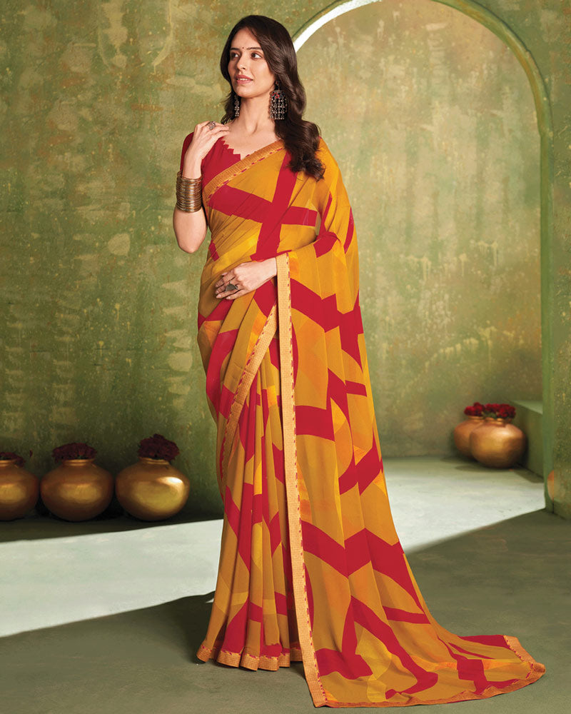 Vishal Prints Dusty Orange And Cardinal Red Printed Georgette Saree With Fancy Border