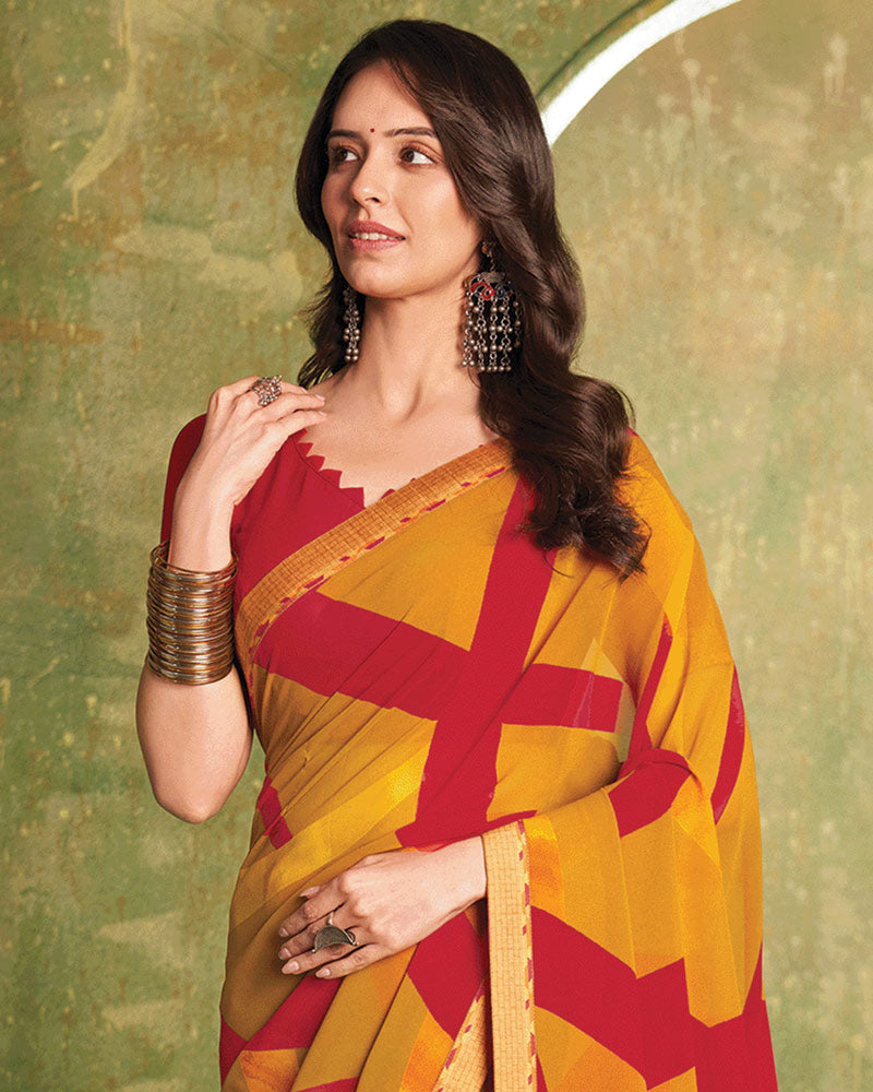 Vishal Prints Dusty Orange And Cardinal Red Printed Georgette Saree With Fancy Border